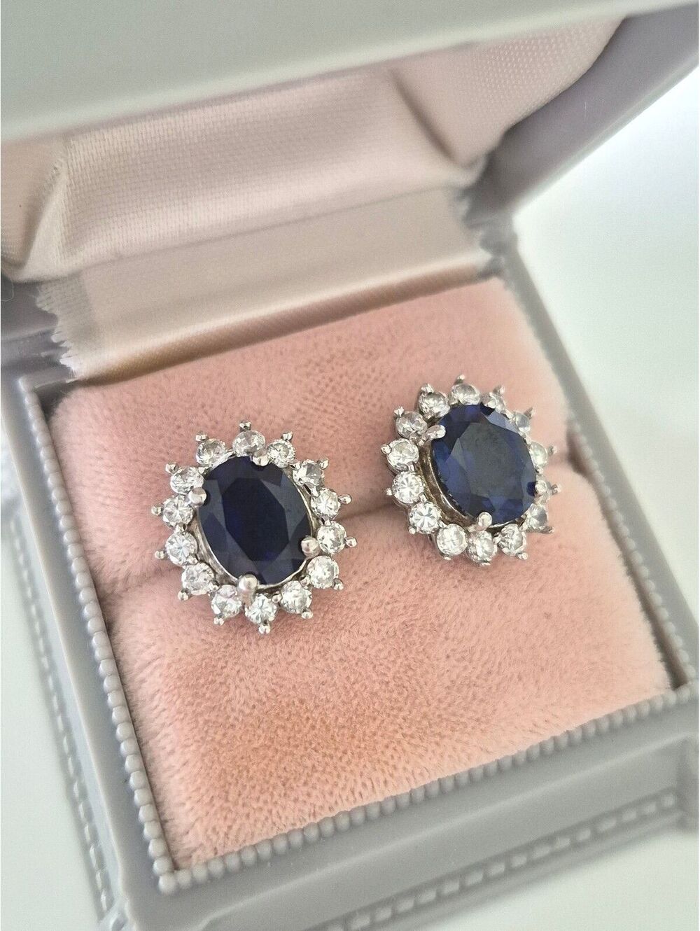 Vintage Sterling Silver Blue and Clear CZ Halo Stud Earrings